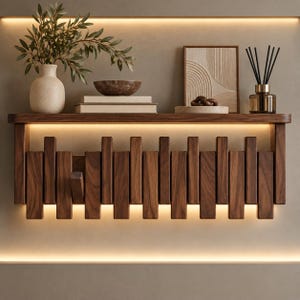 May include: A wall-mounted wooden shelf featuring a series of vertical dark brown wood slats along the front edge, illuminated by integrated warm LED lighting. The top surface holds a ceramic vase, a wooden bowl, books, art, and a reed diffuser.