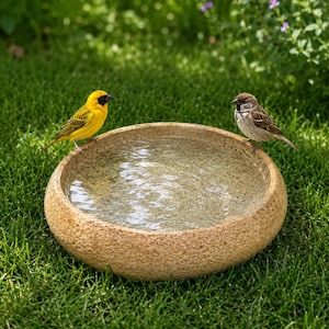 May include: A round, textured stone bird bath filled with clear water. A bright yellow bird with a black face mask is perched on the left rim, while a brown and white sparrow is perched on the right rim of the basin, both facing the water.