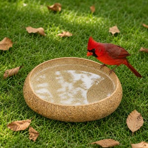 Può includere: Un bagno per uccelli rotondo in pietra beige maculata riempito d'acqua limpida. Un uccello cardinale rosso brillante con una maschera facciale nera è appollaiato sul bordo della vaschetta e guarda l'acqua. La vaschetta ha una superficie granulosa.