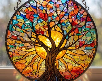 Acchiappasole in vetro colorato con l'Albero della Vita, regalo per l'inaugurazione della casa, decorazione spirituale dai colori vivaci.