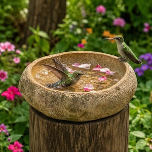 May include: A round, textured stone birdbath filled with water and scattered pink flower petals. One hummingbird is perched on the rim, while another hummingbird is submerged in the water with its wings spread wide in a splashing motion.