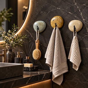 May include: Three wall-mounted hooks featuring smooth, rounded stone-like bases in light green, speckled yellow, and beige. Each hook has a black metal prong. A wooden bath brush hangs from the first, while beige towels hang from the others.