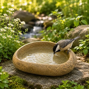 May include: A small, rounded, tan stone bird bath filled with clear water. A black, white, and grey chickadee perches on the edge of the basin, dipping its beak into the water to drink. The basin has a textured, natural rock-like surface.