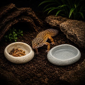 May include: A leopard gecko with yellow and black spotted skin stands between two small, round, stone-like bowls. One bowl is filled with brown mealworms, while the other bowl contains clear water, both set against a dark, textured ground.