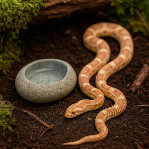 Peut inclure: Un serpent élancé aux écailles à motifs orange et crème reposant sur un sol sombre à côté d'un petit bol en pierre grise lisse rempli d'eau. Le serpent est positionné en forme de courbe, avec sa tête près du récipient d'eau circulaire.