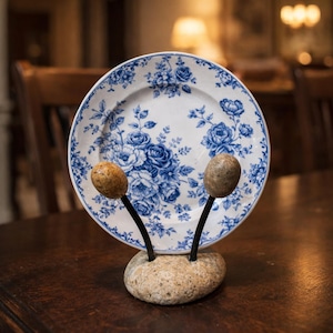 May include: A round ceramic plate featuring a blue and white floral pattern, displayed on a stand constructed from a smooth, light-coloured stone base with two black metal prongs tipped with small, rounded, tan-coloured stones.