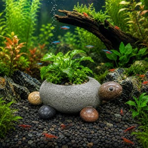 Könnte beinhalten: Ein schildkrötenförmiger Pflanztopf aus Stein mit einem strukturierten grauen Panzer, der eine grüne Wasserpflanze enthält. Kopf und Füße bestehen aus glatten, abgerundeten Flusskieseln in Braun- und Schwarztönen auf dunklem Aquarienkies.