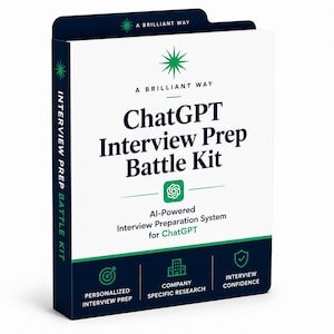 Może przedstawiać: Biało-granatowy folder zatytułowany ChatGPT Interview Prep Battle Kit od A Brilliant Way. Okładka zawiera zielone ikony gwiazdek, logo ChatGPT oraz tekst opisujący system przygotowania do rozmów kwalifikacyjnych z trzema ikonami.