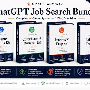 May include: A ChatGPT Job Search Bundle featuring four kits: Resume Tailoring, Cover Letter & Outreach, Interview Prep, and Job Search Tracker. Each kit is white with a colored icon and dark blue base, presented as a complete AI career system.