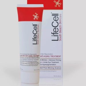 May include: A white and red tube of LifeCell anti-aging treatment with the text "LifeCell South Beach Skincare". The product is a concentrated skin rejuvenation treatment. A matching box is behind the tube.