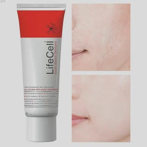May include: A tube of LifeCell South Beach Skincare anti-aging treatment. The tube is white with a red top and features the brand name and product information. The image also includes close-up shots of skin.