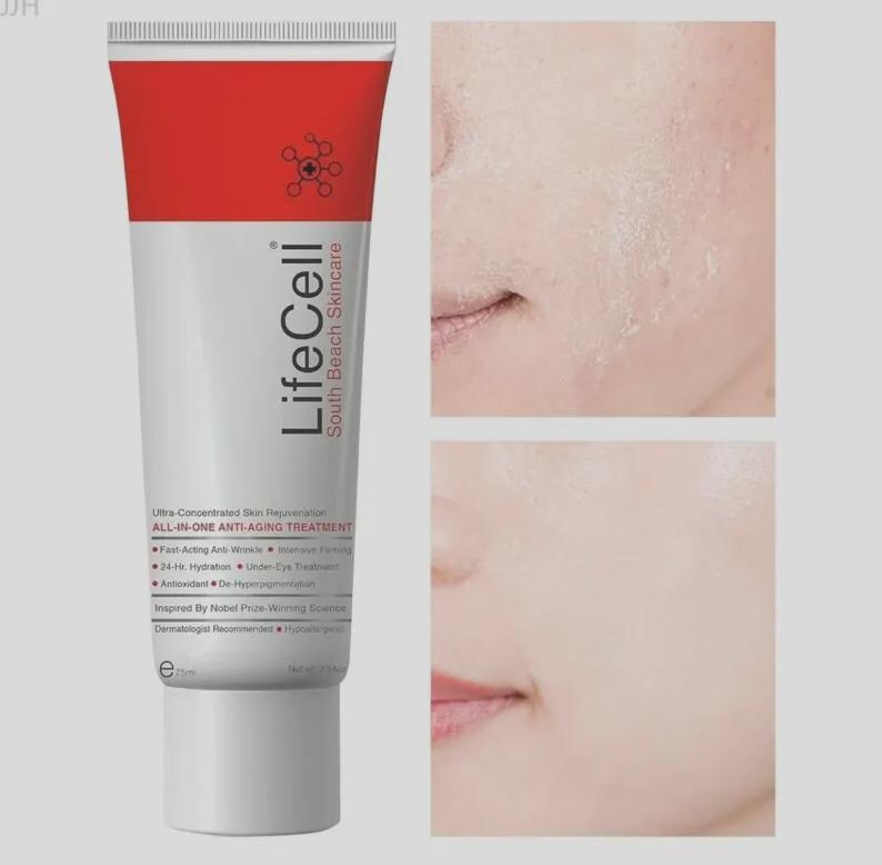 May include: A tube of LifeCell South Beach Skincare anti-aging treatment. The tube is white with a red top and features the brand name and product information. The image also includes close-up shots of skin.