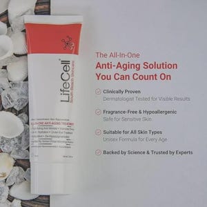 May include: A white and red tube of LifeCell anti-aging cream. The tube features the brand name and product details. Text on the packaging highlights the product's benefits, including anti-wrinkle and hydration. The background includes seashells.