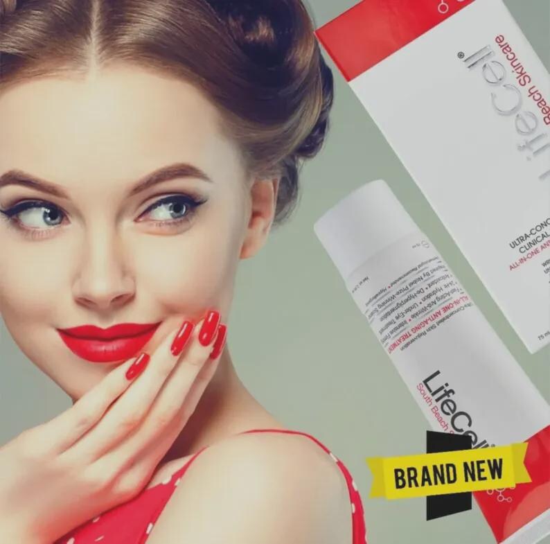 May include: A woman with red lipstick and nails holds a white tube of LifeCell skincare. The tube and box are labeled with text including "Ultra-Conc Clinical All-in-One" and "Brand New".