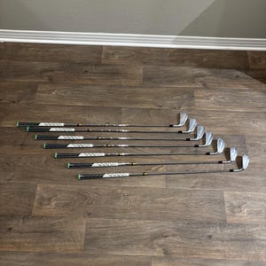 May include: A set of golf clubs arranged on a wooden floor. The clubs have black grips with white and silver accents, and silver club heads. The clubs are angled to the right, creating a visual flow.