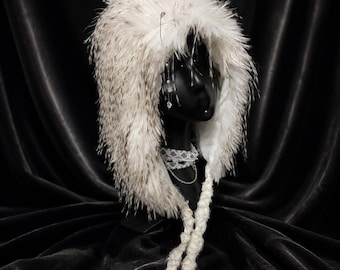 White Faux Feather Balaclava Hood, Handmade Earflap Hat with Braided Ties