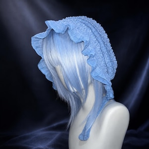 Blue Handmade Lace Bonnet, Ruffled Tie-On Headpiece for Cosplay
