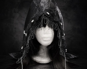 Black Gothic Mesh Hood, Handmade Lace Veil Headpiece, Beaded Chain Dark Costume Accessory
