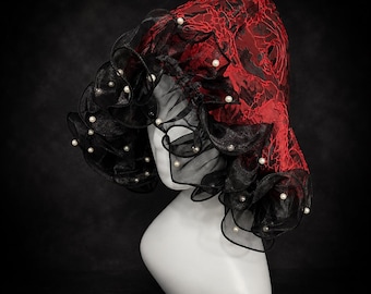 Red Black Satin Jacquard Jellyfish Hat, Handmade Ruffle Hood Bonnet, Statement Winter Headwear