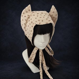 French Floral Devil Bonnet with Extra Long Ties, Handmade Pointed Headpiece