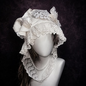 Handmade White Lace Bonnet with Pearl-Style Beads, Floral Bows and Ruffled Trim