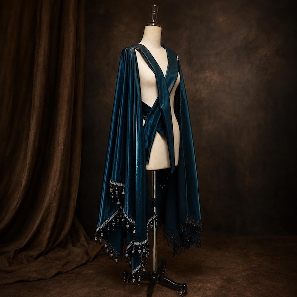 Handmade Dark Teal Gothic Prince Cape Shawl, One Shoulder Wrap, Beaded Tassel Accessory