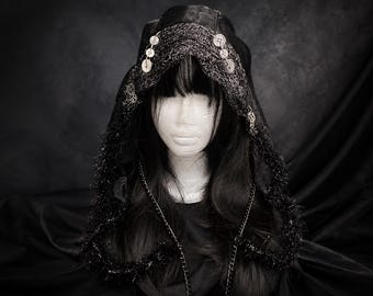 Black Gothic Mesh Hood, Handmade Dark Cowl Veil with Chains and Buttons