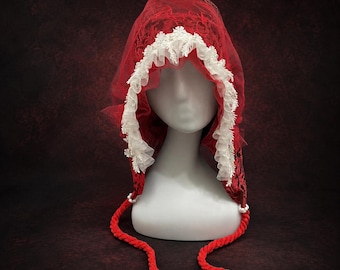 Red White Chinese Style Hood, Handmade Lace Veil Bonnet, Floral Trim Cosplay Headpiece