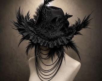 Black Gothic Top Hat, Raven-Inspired Handmade Feathered Design