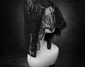 Schwarz Gothic Spitze Witwe Schleier Haube, Handgemachte Kette Kreuz Kopfschmuck