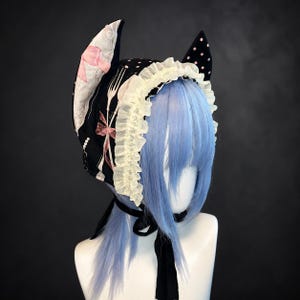 Black Horned Bonnet, Fairy Tale Print Lace Ruffle Hood, Handmade Costume Headpiece