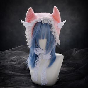 Pink 60% Wool Winged Horn Bonnet, Lace Tie Winter Headpiece