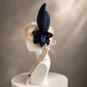 Navy Black Gothic Feather Hair Clip, Handmade Victorian Bow Headpiece with Faux Sapphire