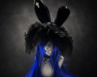 Handmade Black Gothic Bunny Ear Hat with Layered Lace Ruffles