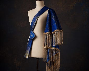 Blue Gold Shoulder Cape Shawl, Royal Cloak Sash, Tassel Fringe Costume Accessory