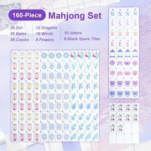 May include: A 160-piece Mahjong set with white tiles featuring various symbols and characters. The set includes 36 Dot, 36 Bams, 36 Cracks, 12 Dragons, 16 Winds, 10 Jokers, 6 Blank Spare Tiles, and 8 Flowers. The tiles are arranged to display the different suits.