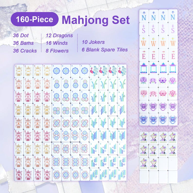 May include: A 160-piece Mahjong set with white tiles featuring various symbols and characters. The set includes 36 Dot, 36 Bams, 36 Cracks, 12 Dragons, 16 Winds, 10 Jokers, 6 Blank Spare Tiles, and 8 Flowers. The tiles are arranged to display the different suits.