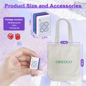 May include: A Mahjong set with 160 tiles, 2 dice, and a storage bag. The tiles are white with colorful floral designs and the number 5. The set includes a canvas tote bag that is 11.8 inches wide and 13.8 inches tall.