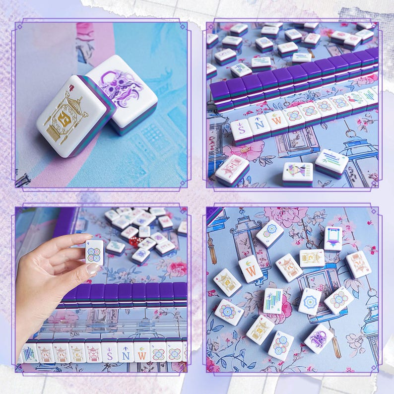 May include: A set of white and purple Mahjong tiles with various symbols and characters. The tiles are arranged on a floral patterned surface, with a purple border. Some tiles are stacked, while others are scattered, showcasing the game's components.