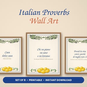 Può includere: Un set di tre stampe da parete incorniciate con proverbi italiani, illustrazioni di rami d'ulivo e grappoli di limoni gialli. Il testo include 'Casa dolce casa', 'Chi va piano va sano e va lontano' e 'Prendi la vita com'è'.