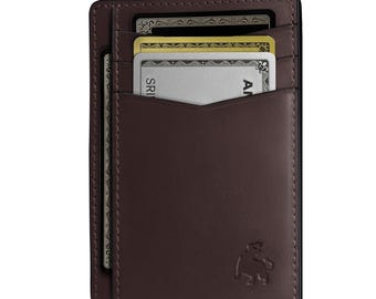 Full Grain Leather Slim Wallet, Minimalist Front Pocket Card Holder, RFID Blocking - Dark Brown