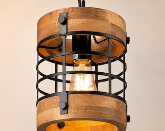 Rustic Wood Pendant Light Fixture, Farmhouse Chandelier for Kitchen Island, Dining Room, Foyer, Hallway & Bar, Adjustable Height