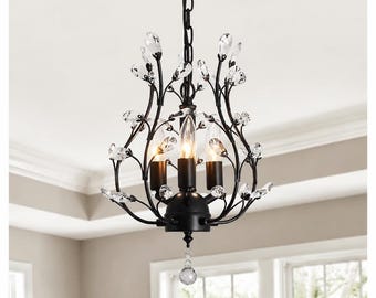 3-Light Crystal Branch Chandelier Flush Mount Vintage Pendant Lighting Matte Black
