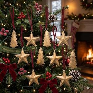 Puede incluir: Una colección de adornos navideños de metal dorado con formas de estrellas y árboles, colgados de cintas de terciopelo rojo oscuro. Cada pieza tiene un acabado texturizado y desgastado sobre un árbol de pino verde con luces.