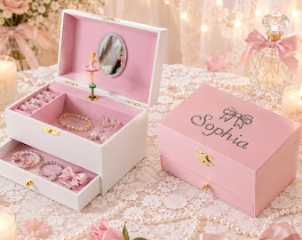 Personalisierte Schmuckschatulle mit Strasssteinen, Ballerina-Motiv und Spiegel, ideales Geburtstagsgeschenk für Mädchen