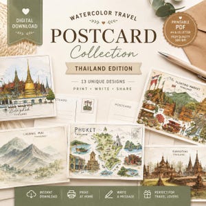 Thailand Printable Postcard Set | Watercolor Travel Postcards | Vintage Thailand Wall Art | Digital Download | A6 Printable Postcards | PDF