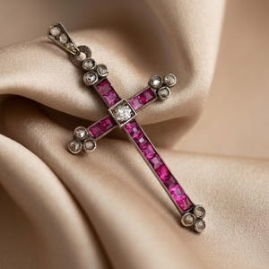 Antique Belle Epoque Ruby Pendant, Pink Princess Cut CZ Stone Christian Cross Pendant, Vintage Religious Pendant, Women's Engagement Pendant