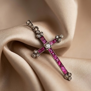 Antique Belle Epoque Ruby Pendant, Pink Princess Cut CZ Stone Christian Cross Pendant, Vintage Religious Pendant, Women's Engagement Pendant