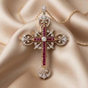 May include: A gold cross pendant featuring a central round diamond and channel-set square-cut red rubies. The cross is accented with intricate silver-toned filigree scrollwork and small pavé-set diamonds, suspended from a delicate gold chain.