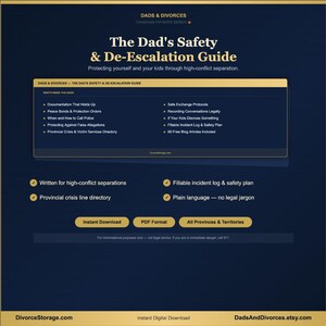 Op de afbeelding: Een digitale gids getiteld The Dad's Safety & De-Escalation Guide, met een donkerblauwe achtergrond en gouden tekst. Het bevat onderwerpen zoals documentatie, beschermingsbevelen en veiligheidsprotocollen, inclusief een invulbaar logboek.